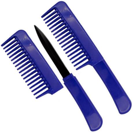 violet Tiger-USA Comb Knife, disassembled to show the hidden stainless steel blade between the two comb pieces