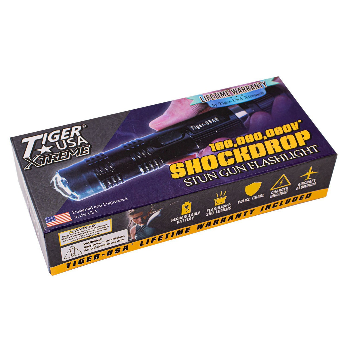 a Tiger-USA Xtreme SHOCKDROP Stun Gun Flashlight in its packaging