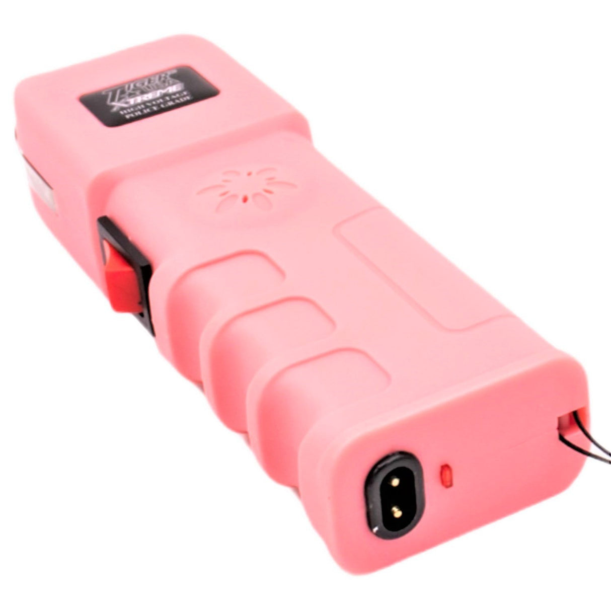 a bottom view of the pink Tiger-USA Xtreme Sanctuary LED Alarm Stun Gun 150M