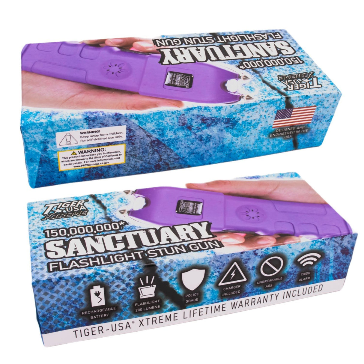 a purple Tiger-USA Xtreme Sanctuary LED Alarm Stun Gun in its packaging
