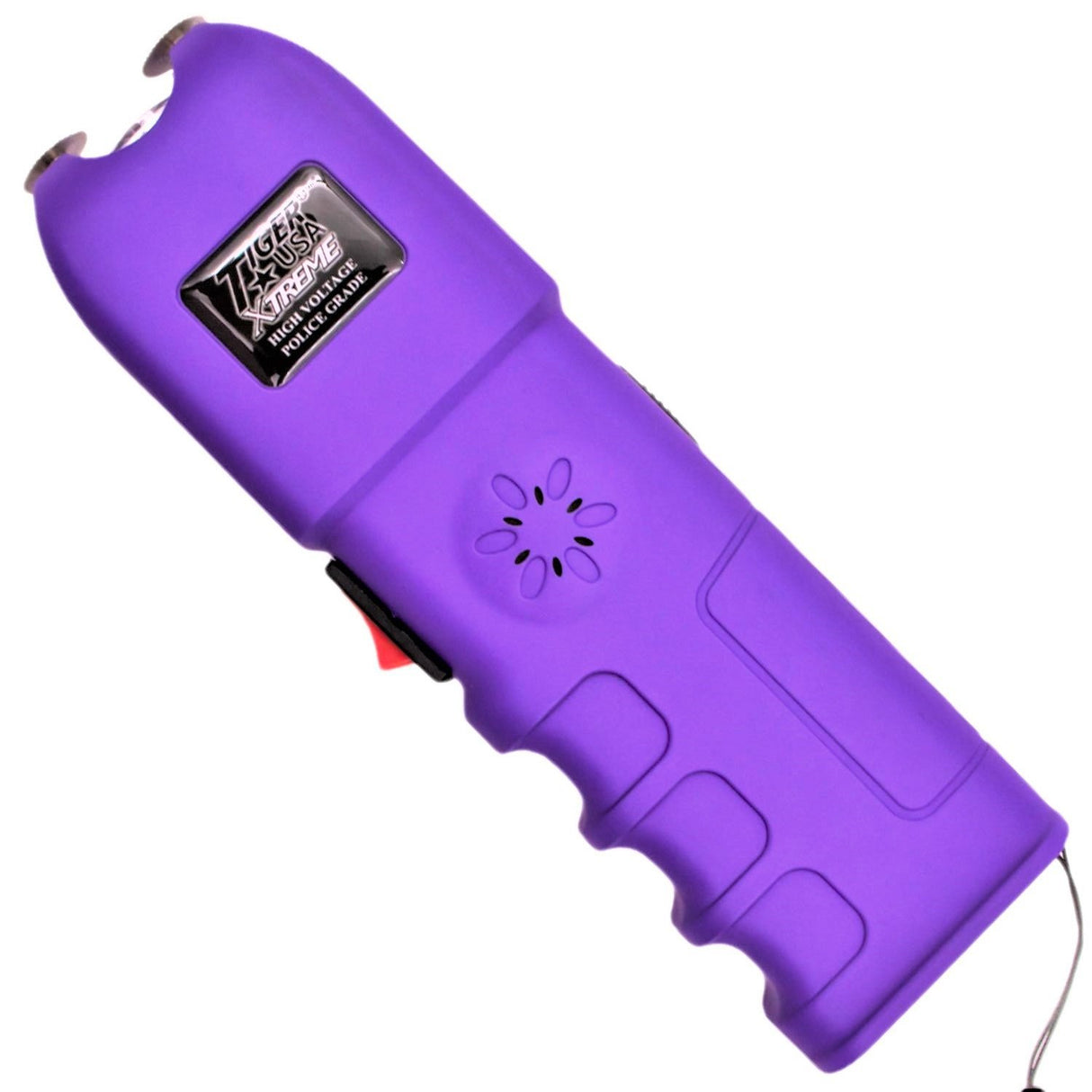 a front view of the purple Tiger-USA Xtreme Sanctuary LED Alarm Stun Gun 150M