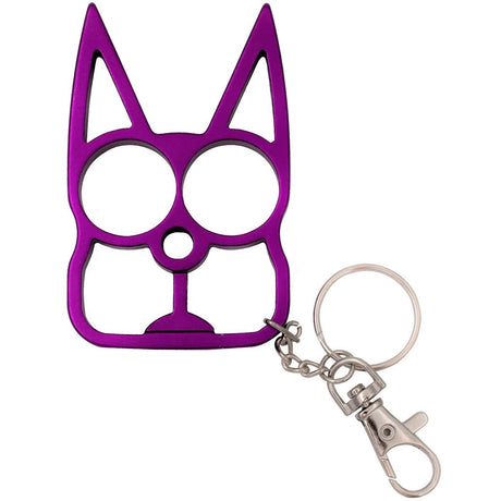 Purple cat-shaped Keychain Self-Defense Metal Knuckle Weapon with metal keyring hook from Weapontek