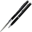A black concealed stainless steel pen knife by WeaponTek. The pen is depicted both with the blade closed and with the cap removed and the blade partially extended.