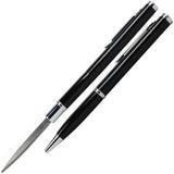 A black concealed stainless steel pen knife by WeaponTek. The pen is depicted both with the blade closed and with the cap removed and the blade partially extended.