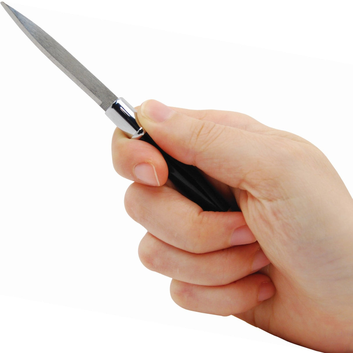 a hand holding a WeaponTek Concealed Stainless Steel Pen Knife with the blade extended out