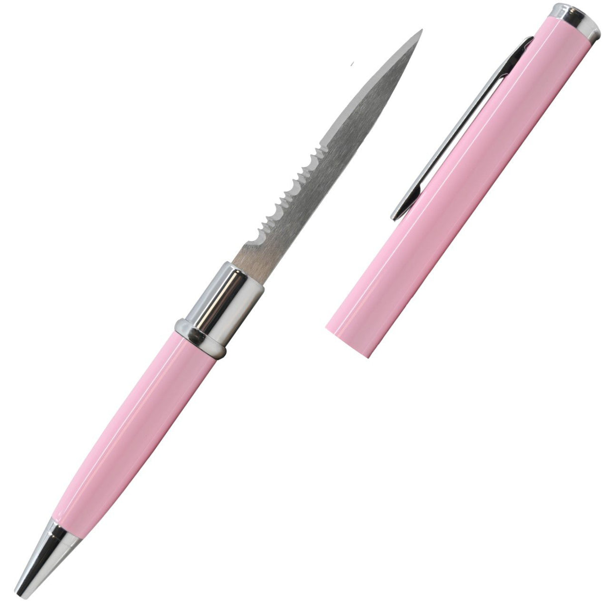 Light Pink 2.13" Weapontek Concealed Stainless Steel Serrated Pen Knife with cap removed
