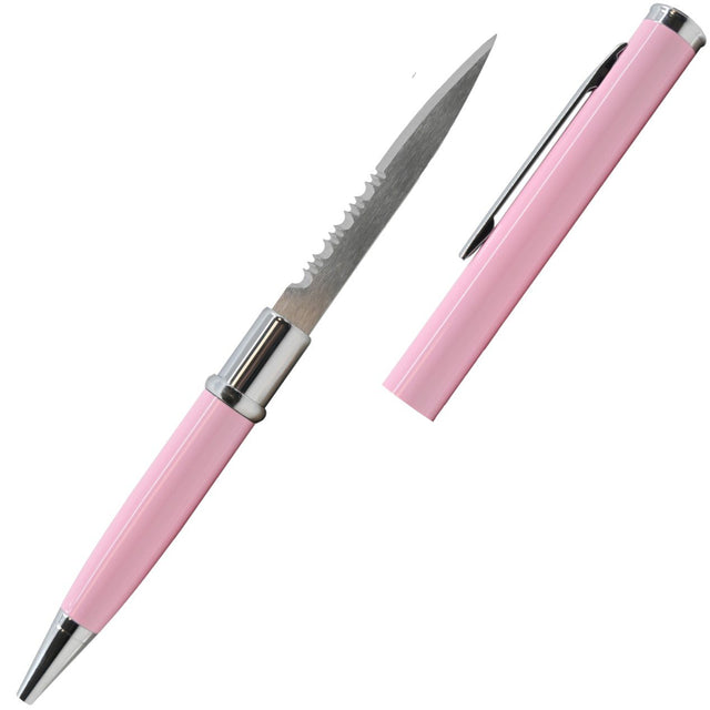 Light Pink 2.13" Weapontek Concealed Stainless Steel Serrated Pen Knife with cap removed