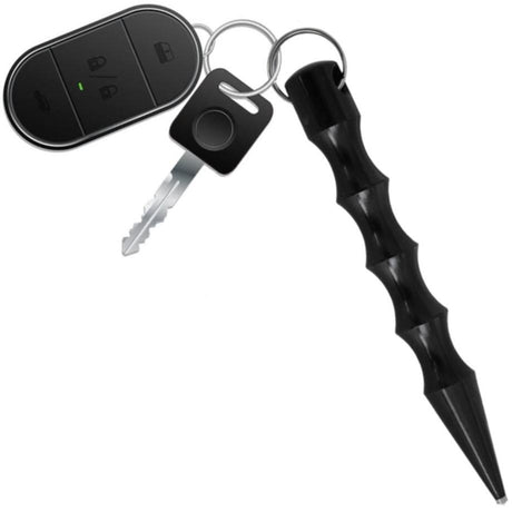a WeaponTek Tactical Pointed Tip Grooved Grip Kubotan 5.5" attached as a keychain