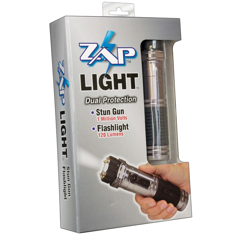 a ZAP Light Rechargeable Stun Gun Flashlight in its packaging