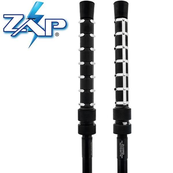 a close up angle of the ZAP Rechargeable LED Stun Gun Walking Cane's stun prongs