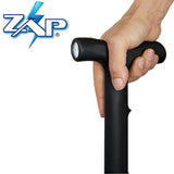 a hand holding a ZAP Rechargeable LED Stun Gun Walking Cane by the handle, using the flashlight