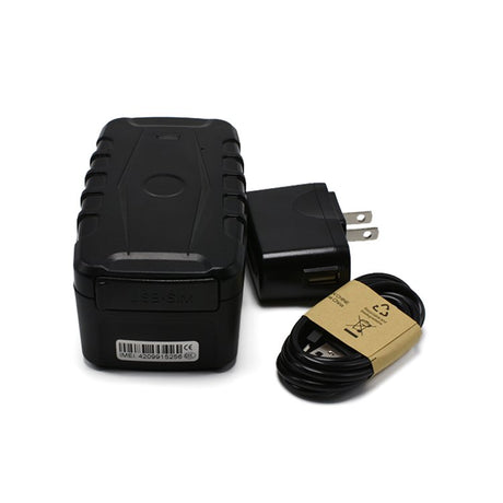 Set of iTrail Endurance Rechargeable Long Life 4G GPS Tracker including the charging adapter and cable