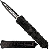 A black 2.75"  Automatic OTF Double Edge Knife shown in both open and retracted state