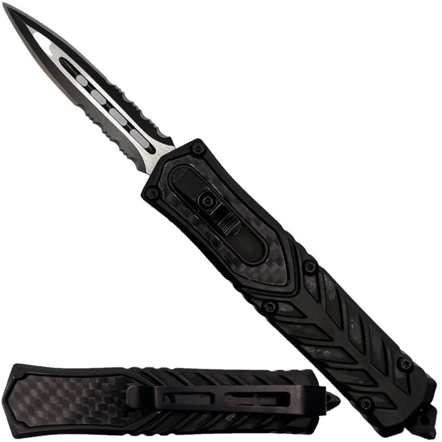 A black 2.75"  Automatic OTF Double Edge Knife shown in both open and retracted state